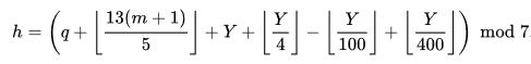 Zellers Congruence modified equation for easier algorithmic implementation